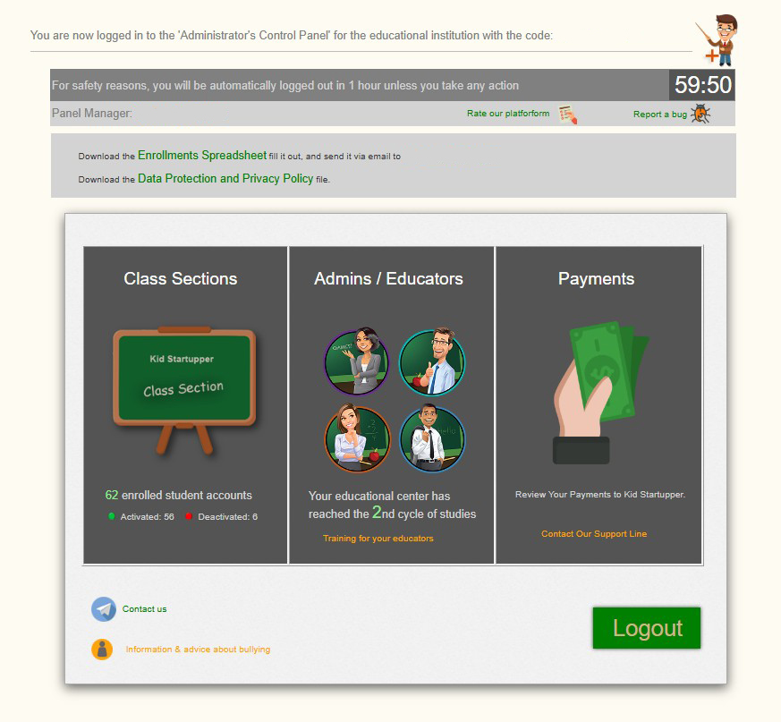 Kid Startupper administrator control panel for schools