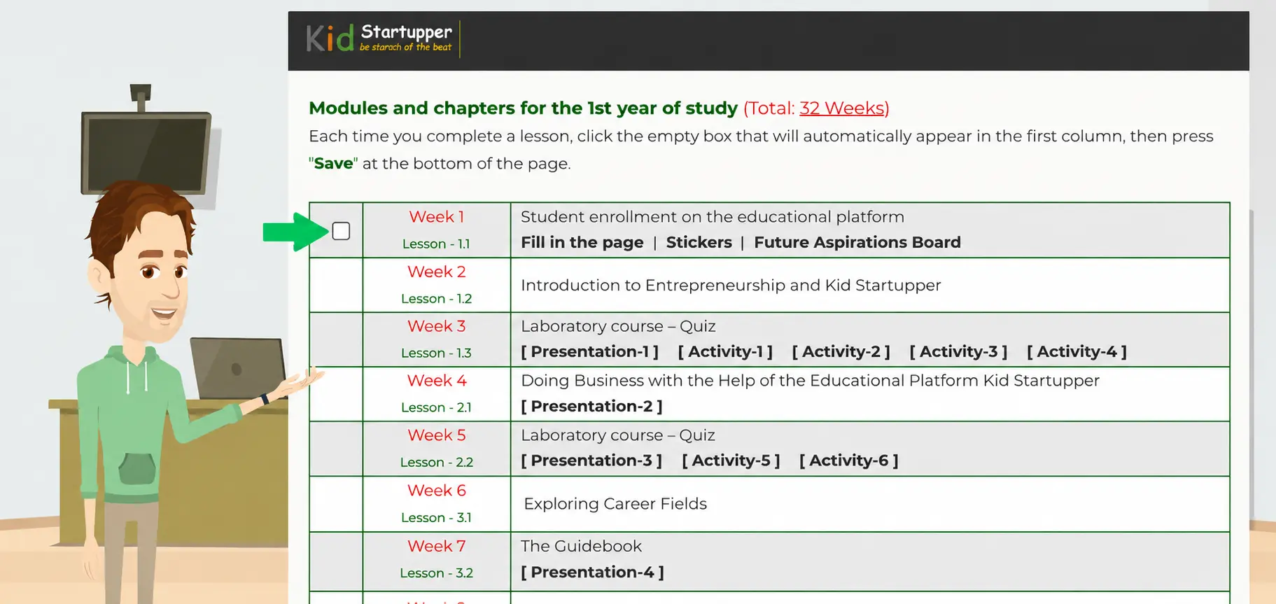 Progress tracking inside the Kid Startupper platform