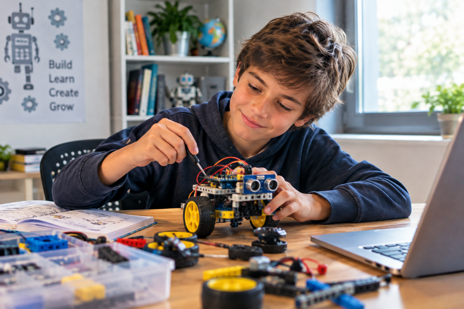 12-year-old child showing a robot they built to an adult entrepreneurship education KidStartupper